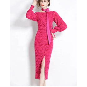 New Women's Autumn/Winter Eco-Friendly High-End Fashion O-Neck Lace Zippers Inner & Outer Wear Dress