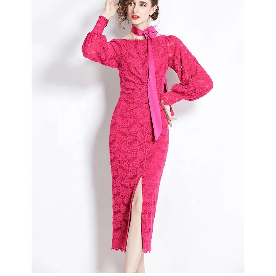 New Women's Autumn/Winter Eco-Friendly High-End Fashion O-Neck Lace Zippers Inner & Outer Wear Dress