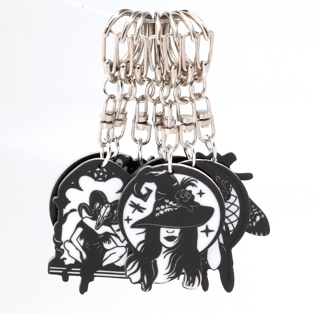 2025 Hot Selling Gothic Style Black and White Fashion Geometric Charm Pendant Mysterious Witch Acrylic Key Ring