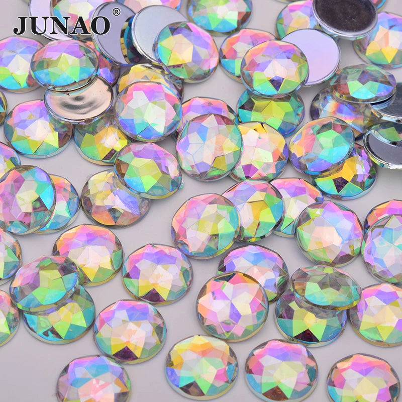 JUNAO Wholesale Top Quality 6 8 10 16 20 25 36 52mm Round Strass Flatback Acrylic Large Crystal AB Rhinestone