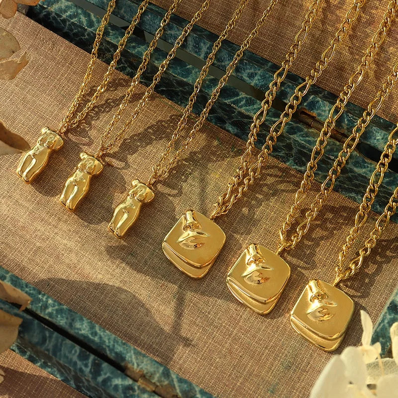 Personalized 18K Gold Plated Stainless Steel Abstract Figure Face Artistic Human Body Pendant Necklace