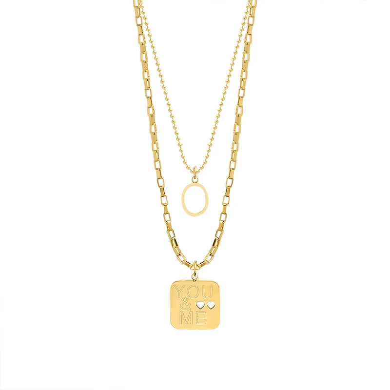 Sleek Dainty 18K Gold Plated Stainless Steel Double Layered Square Hollow Heart Pendant Necklace for Women Summer Holiday