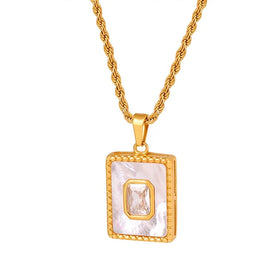 Women Fashion Design Jewelry 18k Gold Plated Stainless Steel Twisted Chain Rectangle Shape White Shell Cz Pendant Necklace