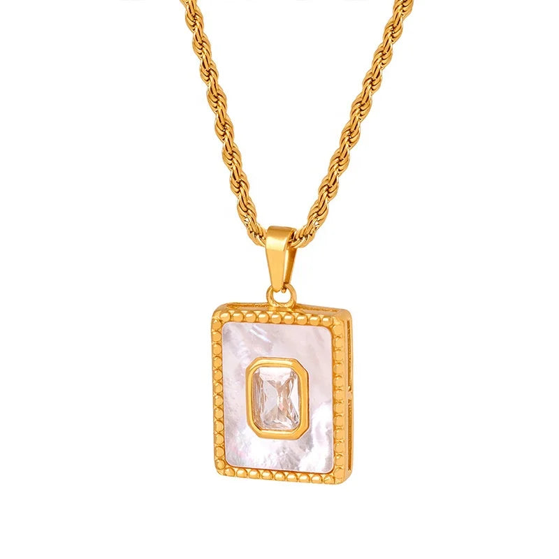 Women Fashion Design Jewelry 18k Gold Plated Stainless Steel Twisted Chain Rectangle Shape White Shell Cz Pendant Necklace