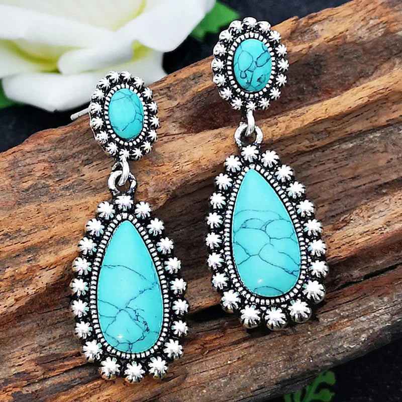 Wholesale Ready to Ship Turquoise Dangle Earrings Vintage Oxidized Silver Tone Feather Drop Statement Earrings Boho Chic Jewelry