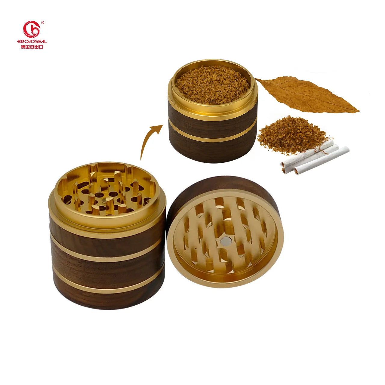 Broadseal KYMQ-14&16B Luxury Wooden 63mm Dia. 4-Layer Custom Aluminum USB Powered Rotary Knob Herb Grinder with Hand Use