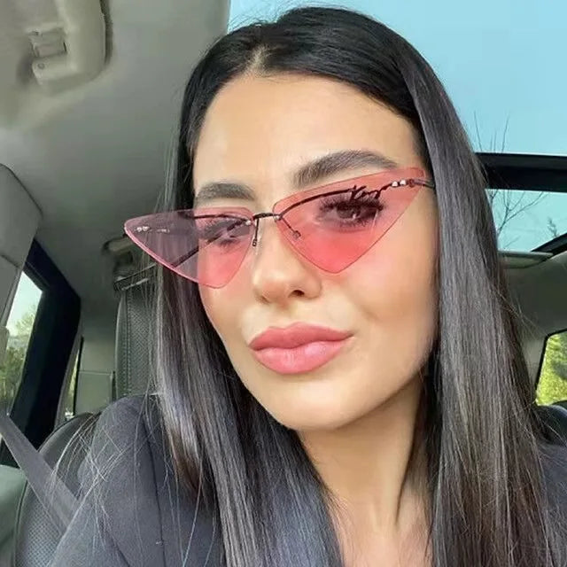 UNOC 2022 Women's Adult Cat Eye Sunglasses Blue Gray Frame Acrylic European American Marine Trendy Rimless Metal Triangle UV400