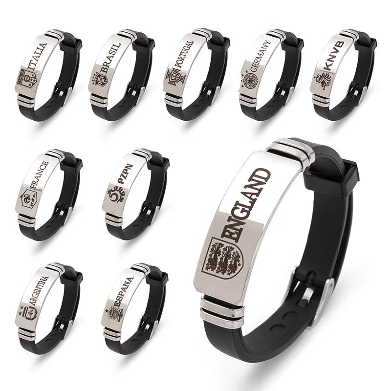 BINSHUO 2022 Wholesale Custom World Soccer Cup Brazil Portugal France Spain Italy National Team Stainless Steel Leather Bracelet