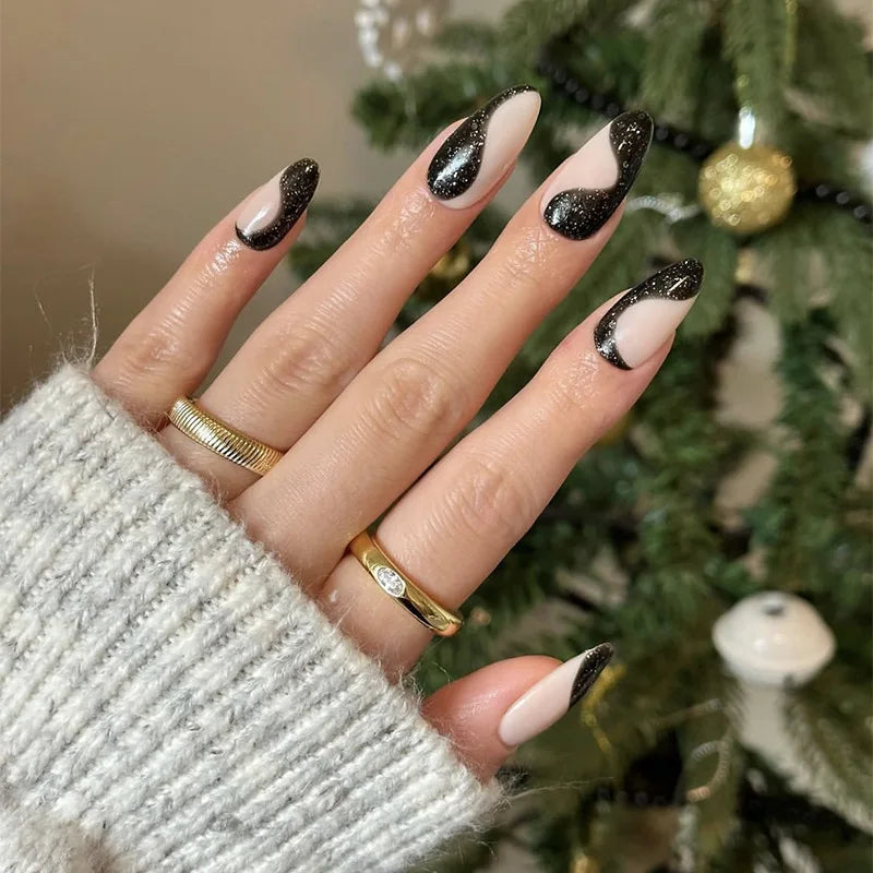 Factory Wholesale 24pcs ABS French Style False Nails Gold Almond Glitter Shiny Press on Nails with Nail Glue for Fingers