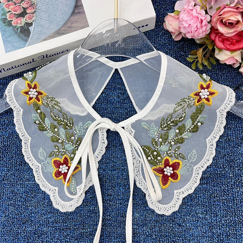 White Collar with Branch Flower Pattern Elegant Garment Accessories