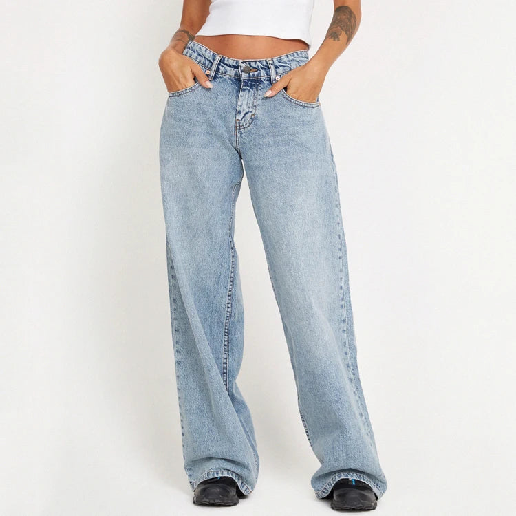 New Design Cotton Custom Casual Blue Wide Leg Loose Jeans Denim Pants for Women