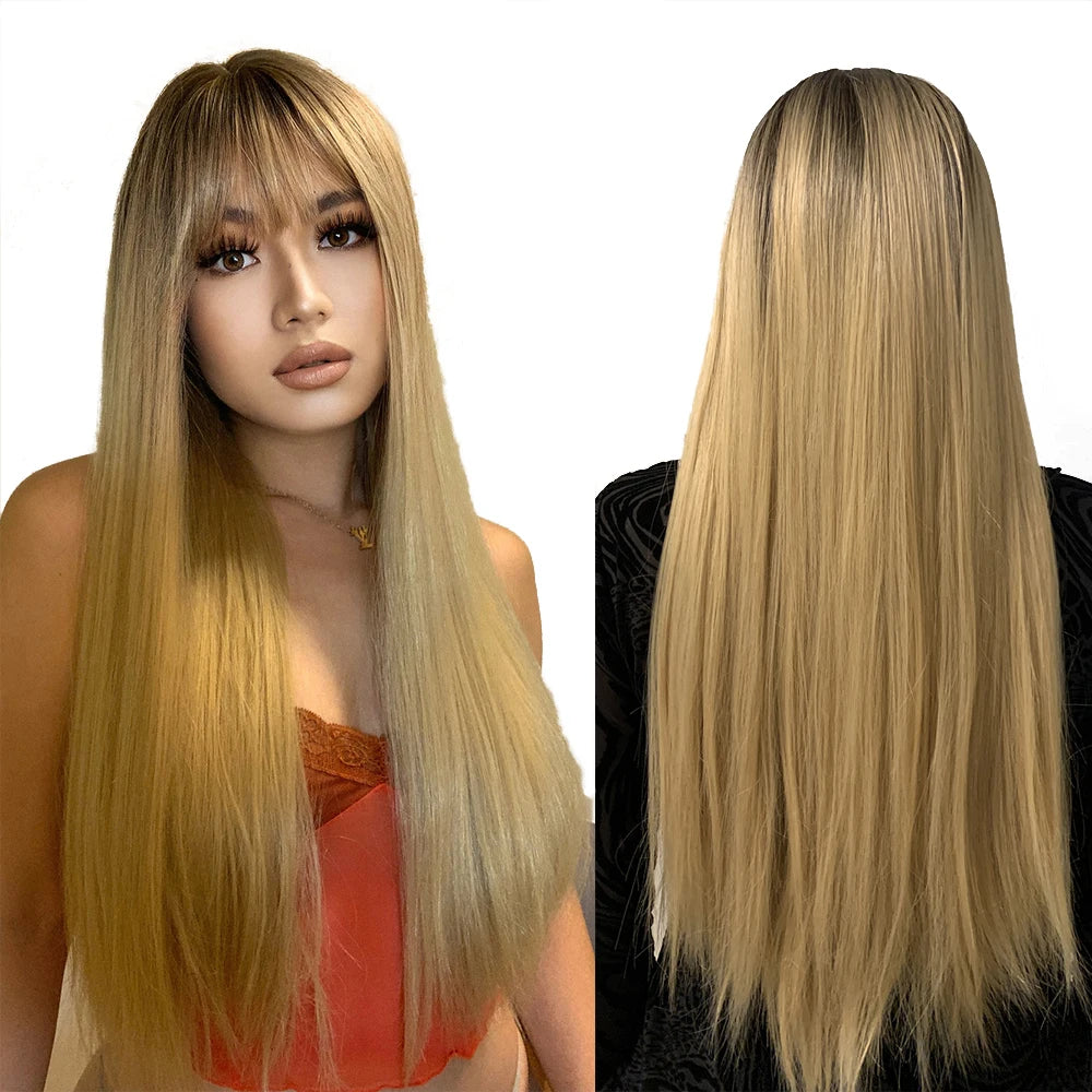 Fast Delivery Long Straight Dark Brown Root Ombre to Blonde Wigs with Bangs for Women Naturals Heat Resistant Wig Synthetic Hair