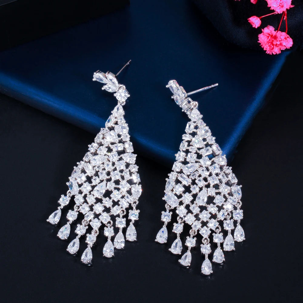 Delicate Cubic Zirconia CZ Dangle Hollow Tassel Big Long Chandelier Drop Wedding Earrings for Brides Luxury Engagement Jewelry