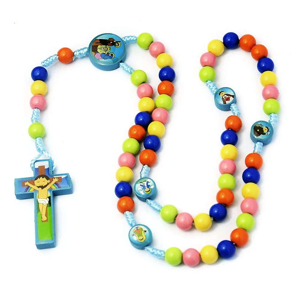 Risingmoon Religion Jewelry Necklace Catholic Wood Cross  Acrylic 8mm Beads Child Rosary Chain