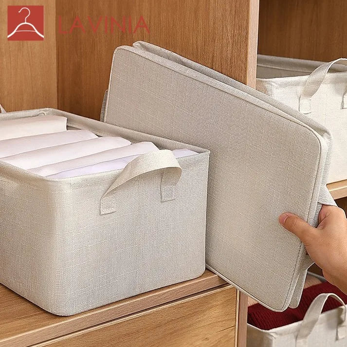 Lavinia Foldable Square Bamboo Cotton Fabric Storage Basket with 20-35L Capacity for Home Clothing Organization