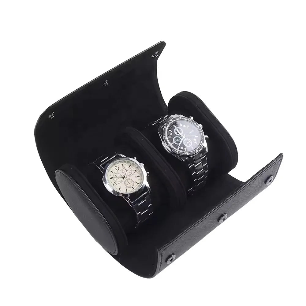 Factory Stock Luxury Travel Watch Box Case Handmade Black Saffiano PU Leather Portable Organizer Storage 2 Slots Protective Roll