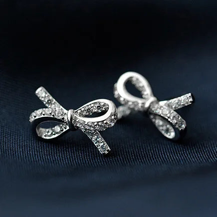 New Hot Fashion 925 Sterling Silver Crystal Bowknot Earrings for Women Girls Gift Fashion Statement Jewelry  Korean Earrings