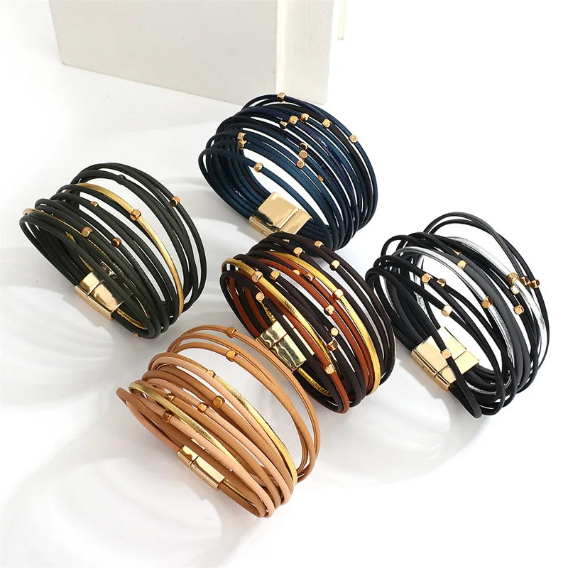 BOXUAN Vintage Metal Bead Soft Leather Bracelet Ladies Charm Slim Strip Bracelet New Design