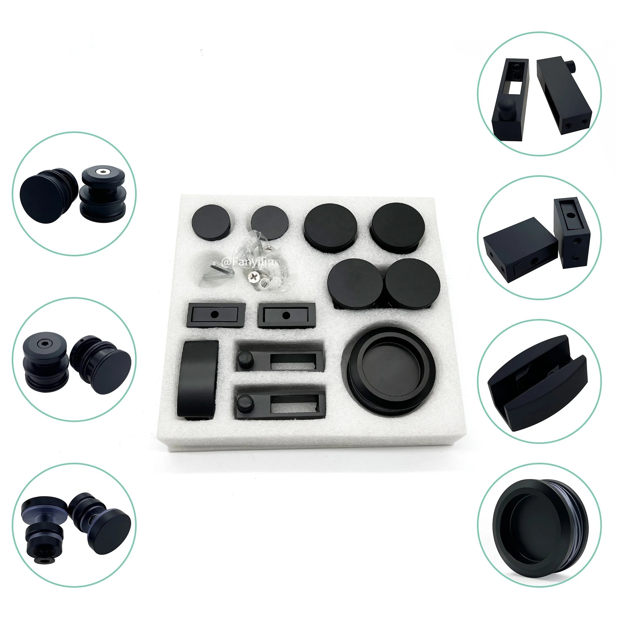 Matte Black Bathroom Sliding Door 4 Wheels Set Hardware Accessories Frameless Sliding Glass Door System for Shower Room