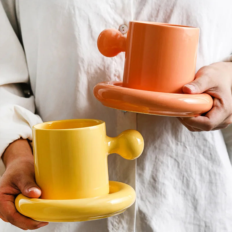 Simple Creative Vitality Egg Yolk Ceramic Mug Custom logo Gift for Lovers Coffee Cup Tea Cup with Saucer Set