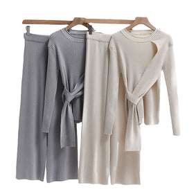 The New Knitwear Design Top Broadleg Trouser Set Temperament Loose Lazy Wind Solid Color Sweater Set