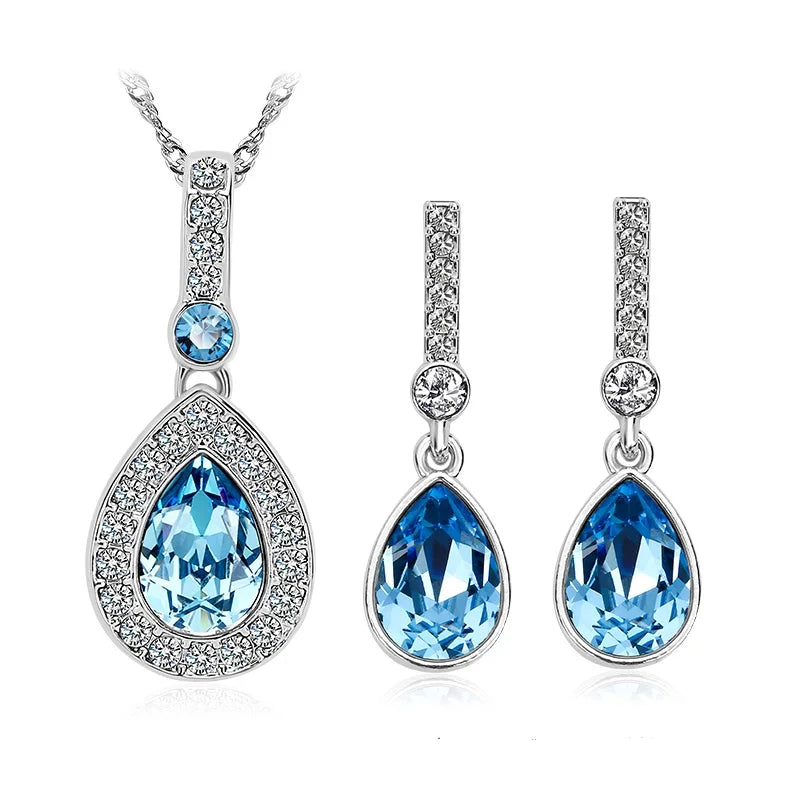 Luxury Fine Vintage Water Drop Rhinestone & Crystal Alloy Earring and Necklace Set for Women Wedding & Party Jewelry