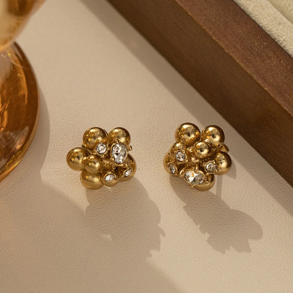 Trendy 18K Gold Plated Jewelry Waterproof Flower Zircon Beads Stainless Steel Stud Earring for Women