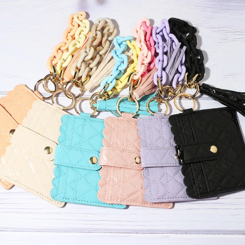 Fashion Acrylic Chain Link Keychain Bracelet Wristlet With Tassel Cute Key Ring Wallet Keychain for Women