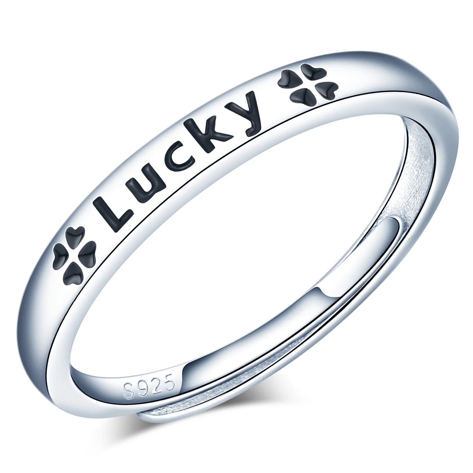 Jewelry 925 Sterling Silver Rhodium Plated Engraved Lucky Clover Ring Adjustable Opening Women's Trendy Wedding Party Accessory