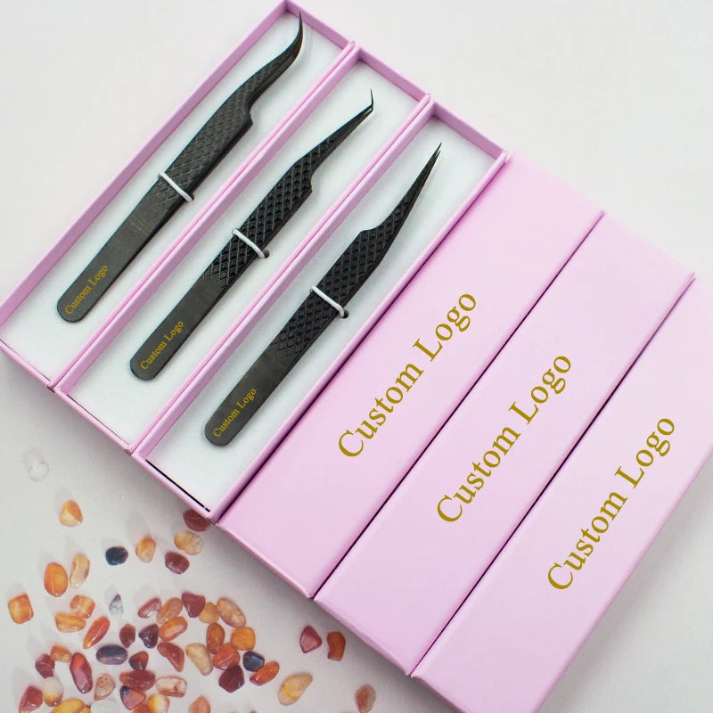 Gold Lash Tweezers Set Costom Logo Eyelash Extension Tweezers Professional Private Logo Tweezers