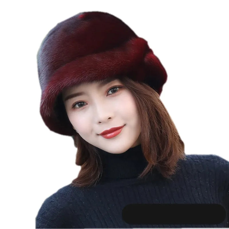 Ready to Ship 4 Colors Woman Winter Real Mink Fur Hat Beanie Cloche Bucket Hat Warm Winter Hats for Women Luxury