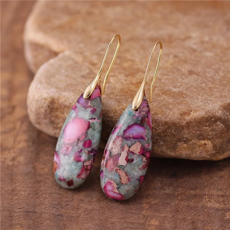 YueTong Modern Teardrop Jasper Dangle Gold Hook Dangle Earring for Women Fashion Boho Geometric Drop Earrings Wholesale Jewelry