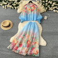 LW0728 2025 Spring New Lantern Sleeve Printed Shirt High Waist Thin Swing Skirt Two Piece Ladies Set Skirt