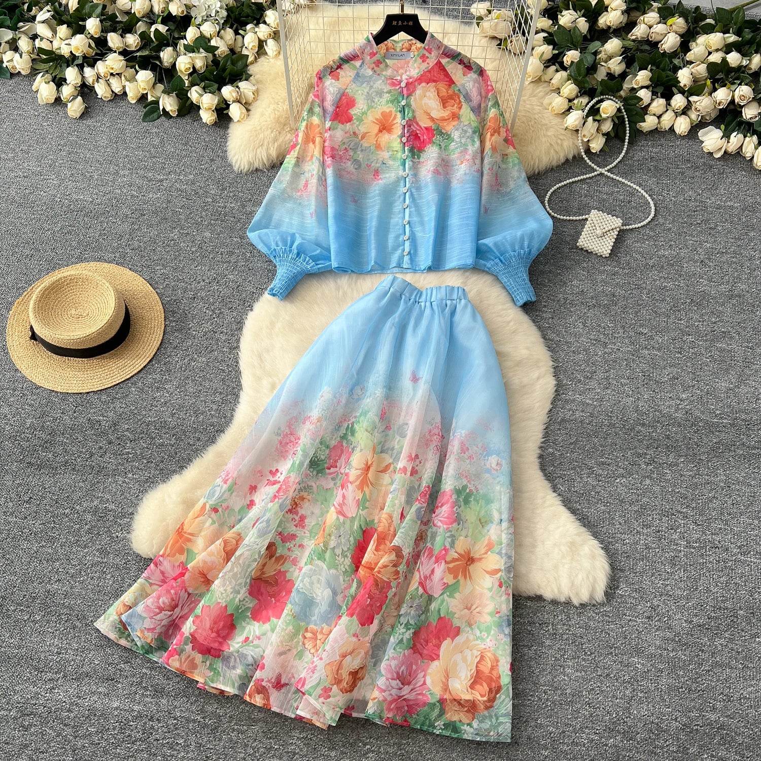 LW0728 2025 Spring New Lantern Sleeve Printed Shirt High Waist Thin Swing Skirt Two Piece Ladies Set Skirt
