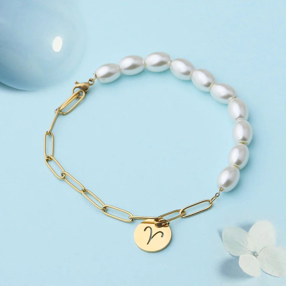 Women Jewelry Pulsera De Perlas Stainless Steel Gold Plated Chain Zodiac Sign Charms Zodiac Bracelet