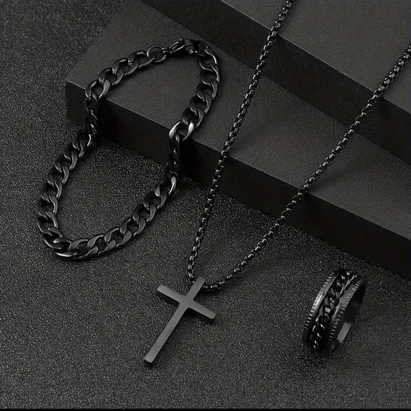 2025 Vintage Women's Men's Jewelry Gift Set Gold Seaside Vacation Party Bracelet Metal Cross Pendant Necklace Black Cable Chain