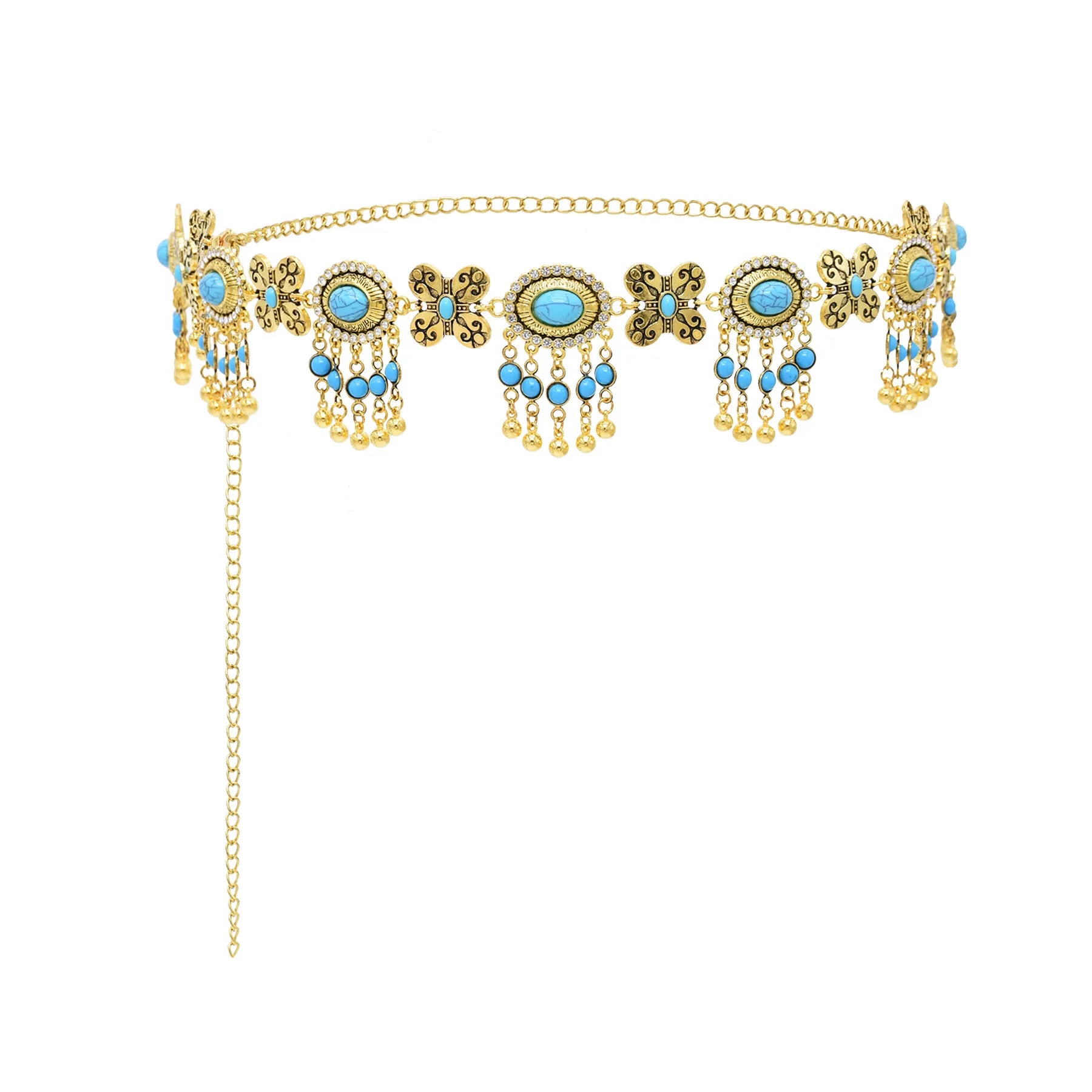 New Gold Plated Ethnic Style Women's Waist Chain Rhinestone Imitation Blue Turquoise Butterfly Flower Ball Tassels Alloy Belt