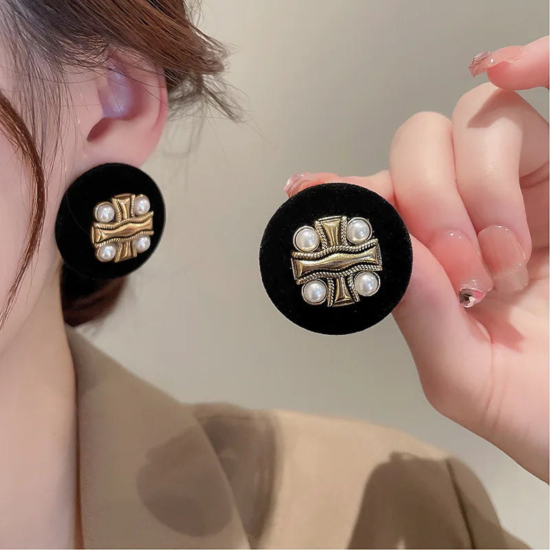Stylish Simple Earrings Pearl Cross Flocking Button Stud Earings Jewelry Women