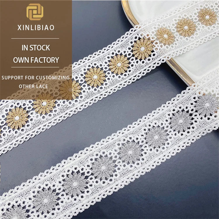 Gold Thread Embroidered Lace Fabric Bar Code Rose Gold Silver Lolita Lace Trim 100% Polyester 4.2cm Width for Wedding Water