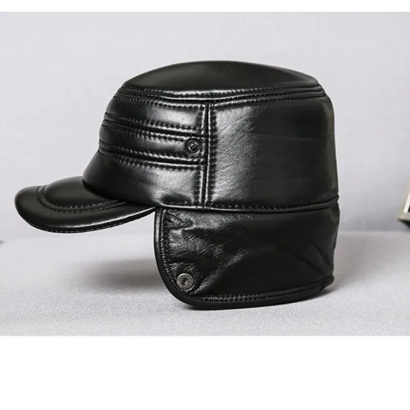 X1925 Leather Hat Military Style Male Outdoor Warm Ear Protection Flat Top Cap Men's Natural Skin Baseball Hat