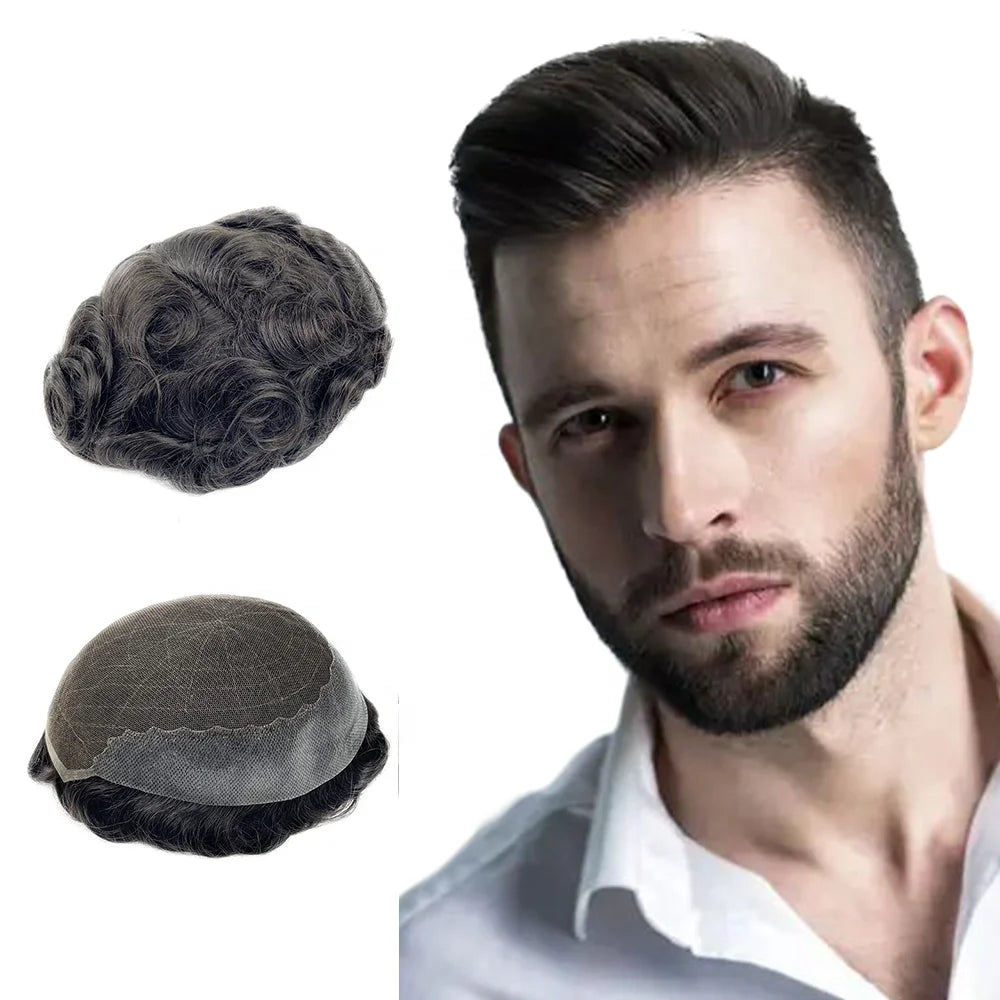 CH Q6 130% Density Bleached Knot Hair Replacement System swiss Lace Men Wigs Hairpiece Inidian Human Hair Toupee for Man