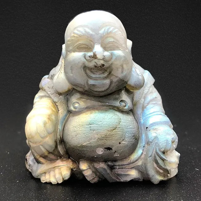 Huiying Natural labradourite hand carved crafts natural stone sitting happy buddha head statues crystal sitting happy buddha
