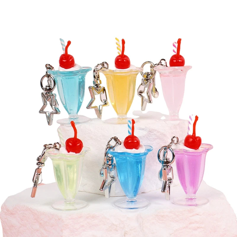 Simulated 3D Fruit Cherry Cream Cup Ice Cream Keychain Bag Mobile Phone Charm Pendant Hanging Decoration Birthday Gift Accessory