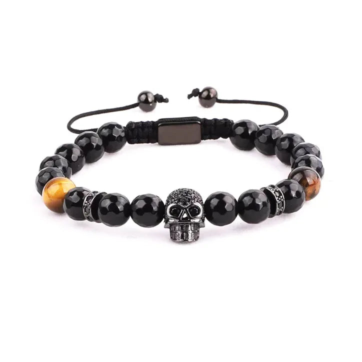 Natural Stone Black Agate Tiger Eye CZ Pave Skull Beaded Custom Logo Macrame Bracelet Men JBS10834