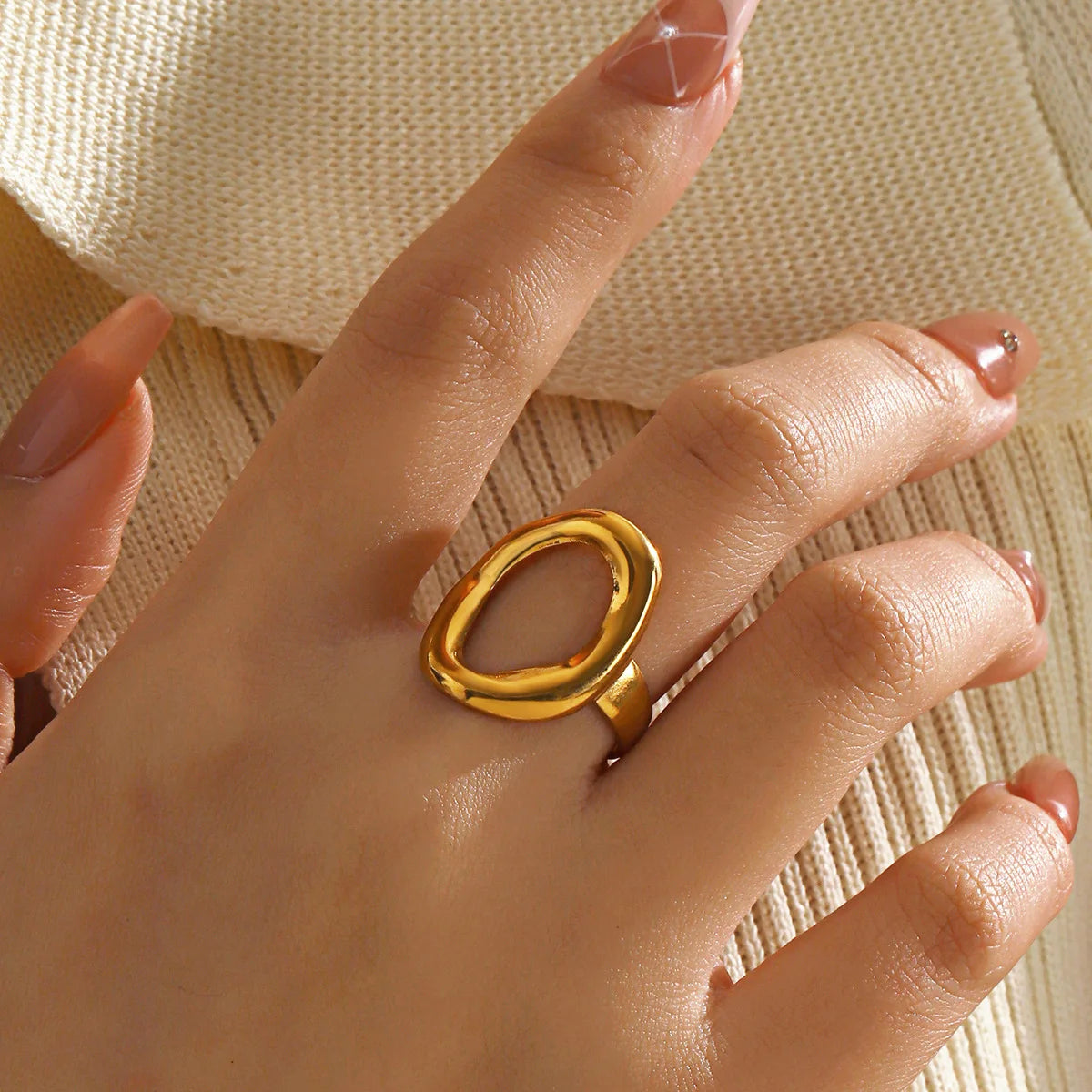 Minimalist 18K Gold PVD Plated Stainless Steel Hollow Irregular Geometric Oval Open Ring for Women