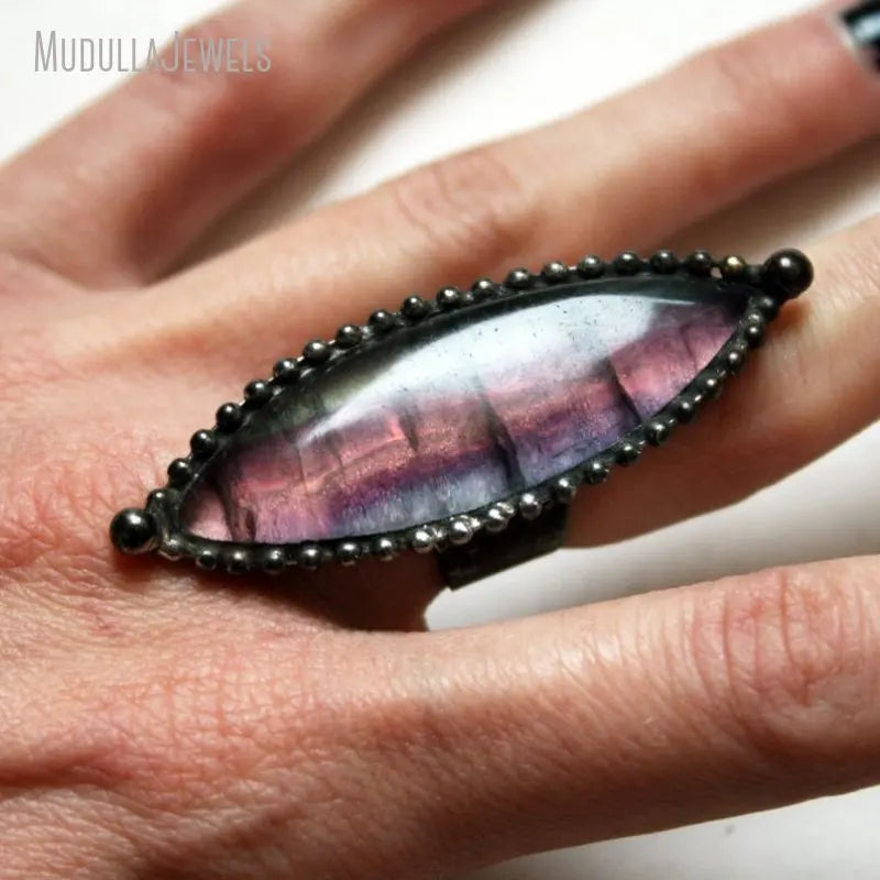 RM43262 Large Rainbow Fluorite Crystal Ring Large Fluorite Marquise Adjustable Ring Witch Wicca Goth Finger Ring