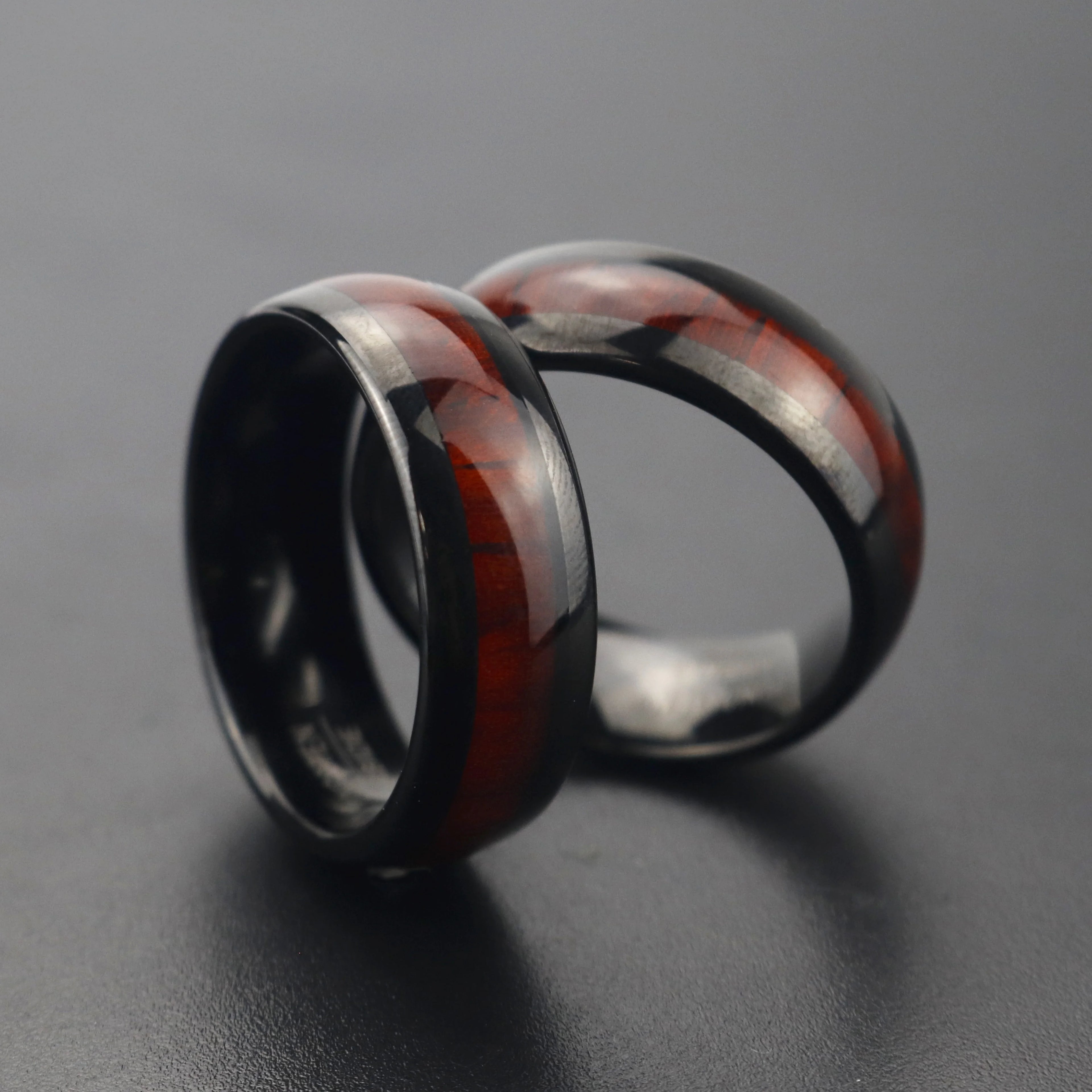 POYA 8mm Domed Band Mens Black Tungsten Sandalwood Inlay Vintage Wedding Ring for Men