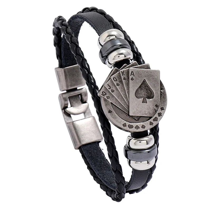 Handmade Punk Rock Woven Playing Card Bracelet for Men and Women Vintage Style Alloy Fastener Bangles Simple Hook Design