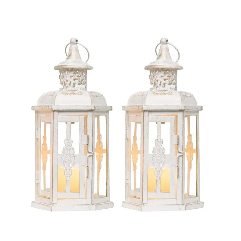 Set of 2 Decorative White Metal Wedding Candle Lanterns Vintage Moroccan Style Hanging Lantern Candle Holder
