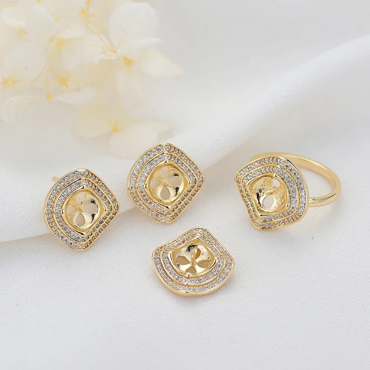 Factory Wholesale 14K Gold Plated Micro Pace Zircon Can Matching Pearls Geometric Shape Diy Stud Earrings Charm Ring Jewelry Set